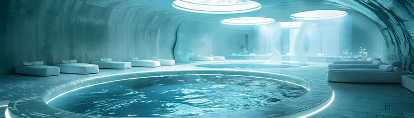 Rejuvenate with Smart Hydrotherapy Baths at a Futuristic Resort: Advanced Water Therapy and Relaxation for Wellness.