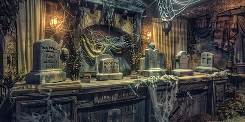 The Boot Hill Cemetery: A desk with an eerie Western theme, adorned with gravestones, cobwebs, and old tattered curtains. It has a dim lighting and gives off a spooky vibe.