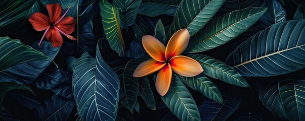 Vibrant tropical flowers in vivid colors stand out against the deep green foliage. The striking contrast creates a lush, exotic atmosphere, highlighting the beauty of nature