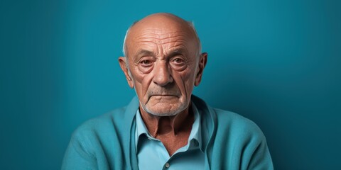 Cyan background sad european white man grandfather realistic person portrait older person beautiful bad mood old man Isolated on Background ethnic diversity 
