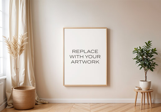 Frame Interior Canvas Wall Art Poster Room Mockup Template with Generative AI