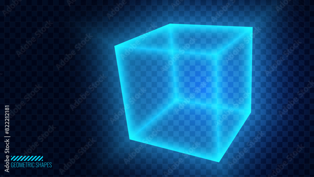 Poster Glowing Blue Neon 3D Cube. Futuristic Box Cage. Digital Blockchain Concept. Cube On Transparent Background. Vector Illustration. Artificial Intelligence HUD Design Element. Digital Technology.