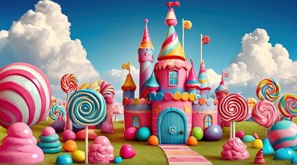 Fantasy candy land with colorful sweet castles, lollipop