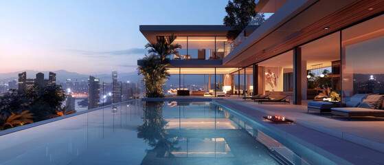 Fototapeta premium Sleek, luxurious house with a rooftop infinity pool overlooking the city skyline.