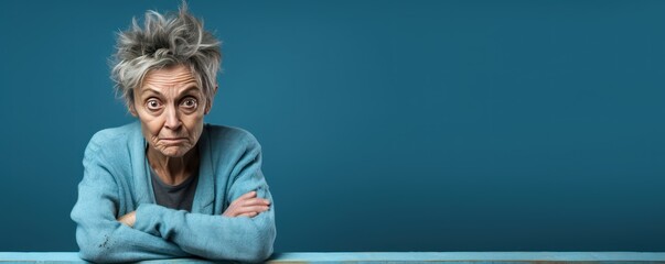 Cyan background sad European white Woman grandmother realistic person portrait of young beautiful bad mood expression Woman Isolated Background depression anxiety fear burn out health issue problem me