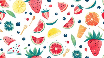 This image displays a vibrant pattern featuring illustrations of various fruits like strawberries, watermelons, and citrus, along with popsicles and leaves