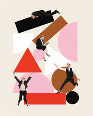 Contemporary art collage. Professionals in formal attire interacting with various geometric shapes,...