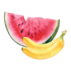 Watermelon and banana. A set of fruits. Watercolor botanical illustration hand painted. Tropical juicy fruits for the decor of the summer bar.