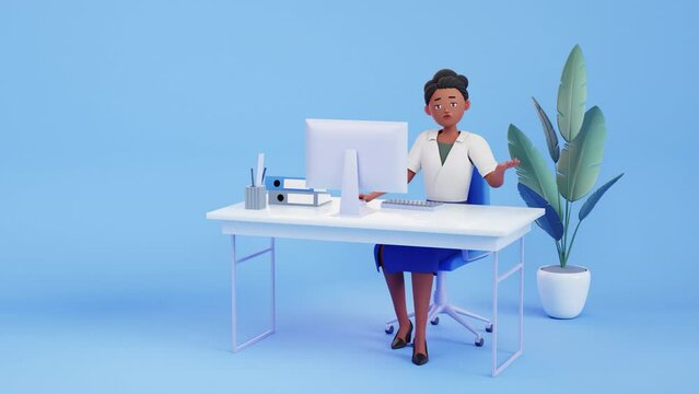 Woman at the computer thinking, 3d render. Shrugs her shoulders. uncertainty, question, no solution concept. Character animation. hopelessness, despair. puzzled, confused person motion design