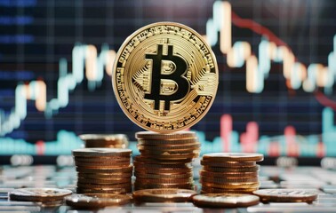 A stock chart background with the Bitcoin on top of stacks of coins
