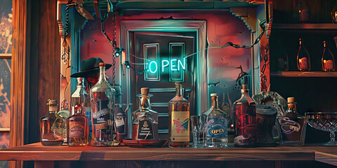 The Honky-Tonk Saloon: A playful desk with a vintage saloon theme, complete with a painted backdrop of a swinging saloon door and a neon "OPEN" sign. It features a collection of antique bottles and gl