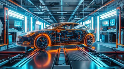 Obraz premium High-quality image of an EV car undergoing a full diagnostic scan in a service bay