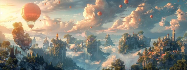 A surreal landscape with floating islands, impossible architecture, and fantastical creatures. Dreamlike and imaginative.