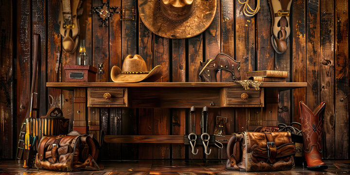 The Rodeo Arena: An abstract desk with a rustic design, reminiscent of the wooden fences found at a rodeo arena. It features a cowboy hat, boots, and spurs as decorations.