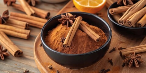  cinnamon sticks and powder on wooden table background