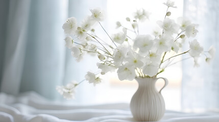 Beautiful white spring flowers in a vase on the background of the window, soft light and focus.