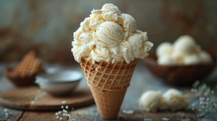 classic summer treat cottage cheese ice cream in a vintage waffle cone, evoking nostalgia with every melting bite