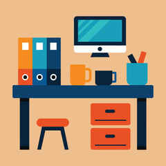 Office workspace desk icon. Computer table with folders line and version, outline and filled vector, Different style icons set