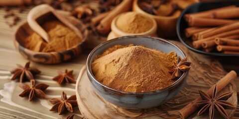  cinnamon sticks and powder on wooden table background