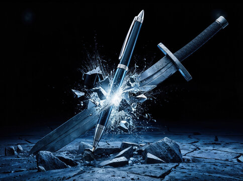 The pen is mightier than the sword. Pen shattering a sword into pieces. Pen breaking the blade concept art. Based on Edward Bulwer-Lytton's 1839 play 'Richelieu; Or the Conspiracy.'