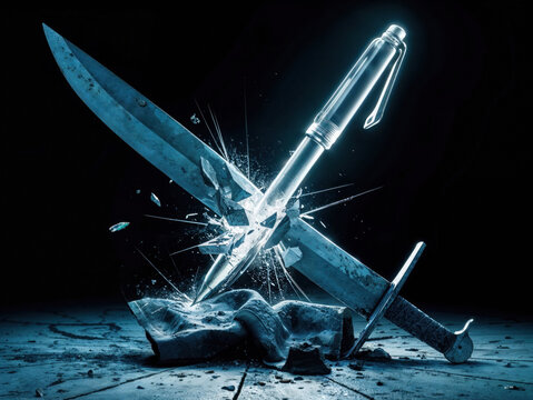 The pen is mightier than the sword concept art. Pen shattering a sword into pieces. Pen breaking the blade. Inspired by Edward Bulwer-Lytton's 1839 play 'Richelieu; Or the Conspiracy.