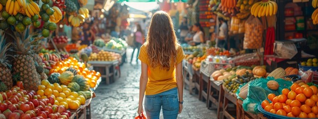 Obraz premium A traveler exploring a vibrant street market in a foreign country, with colorful stalls, exotic foods, and local culture.