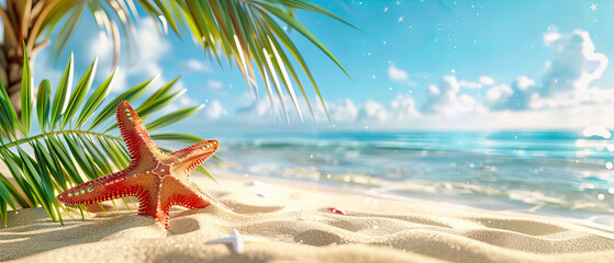 Tranquil Beach Landscape with Palm Trees and Blurred Ocean Background, Sunny Tropical Vacation Setting