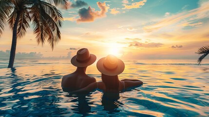 Young couple traveler relaxing and enjoying the sunset by a tropical resort pool while traveling for summer vacation 