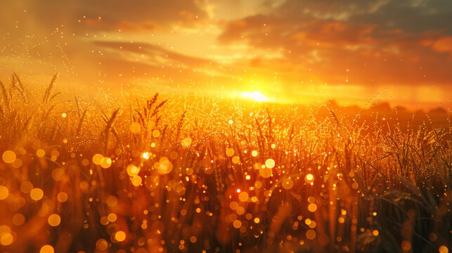 A serene sunrise over dew-covered golden fields symbolizes new beginnings and the cycle of life.