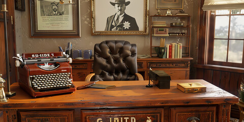 The Sheriff's Office: A tidy and well-organized workspace complete with a traditional wooden desk, a vintage typewriter, and a framed portrait of an iconic lawman