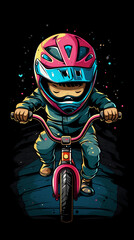 tshirt design, Cool goggles kid riding an Expl.tv style with a colorful helmet and red bike doing bicycle somersaults, simple vector illustration of a cute cartoon character in the style of a digital	