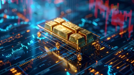 Obraz premium High-quality image of gold bars on a trolley overlaid with financial trading graphs