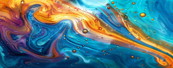 Fototapeta premium Abstract colorful fluid art painting with vibrant orange, blue, and purple swirls, creating a mesmerizing and dynamic visual experience.