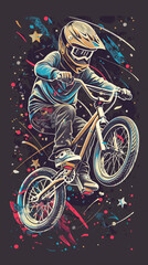 tshirt design, Cool goggles kid riding an Expl.tv style with a colorful helmet and red bike doing bicycle somersaults, simple vector illustration of a cute cartoon character in the style of a digital	