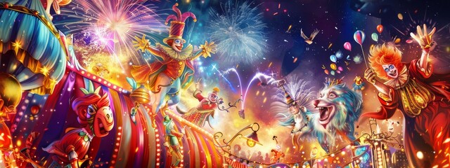 Obraz premium A vibrant, carnival background with clowns, acrobats, and bright lights.