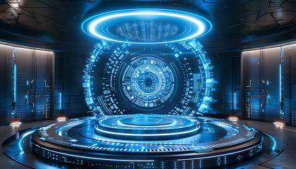 Obraz premium Modern high-tech podium with circular platform and glowing designs, ideal for futuristic product displays