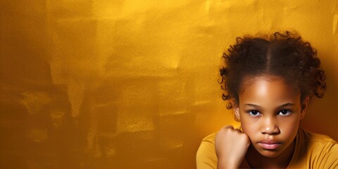 Gold background sad black American African child Portrait of young beautiful kid Isolated Background racism skin color depression anxiety fear burn out health