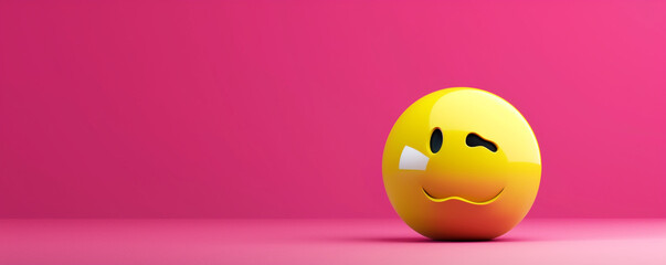 Fototapeta premium A minimalist 3D of a single yellow lovestruck emoji on a solid fuchsia background.