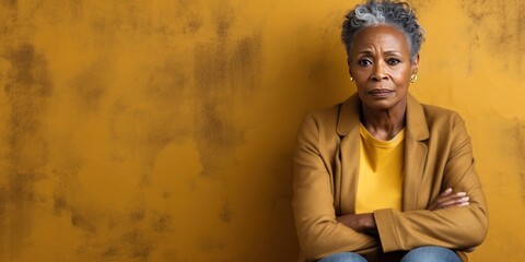 Gold background sad black American independent powerful Woman. Portrait of older mid-aged person beautiful bad mood expression girl Isolated