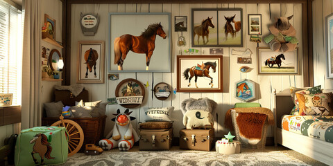Wrangler Wonderland: A room designed for a young boy or girl who loves horses, with wall decor featuring plush toys, stickers, and framed pictures of horses