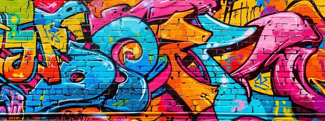 A vibrant, graffiti wall background with bold tags and urban art.