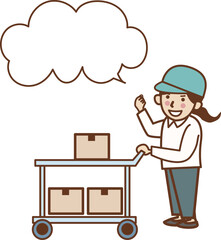 台車に荷物を乗せてガッツポーズをする女性作業員。ふきだし。