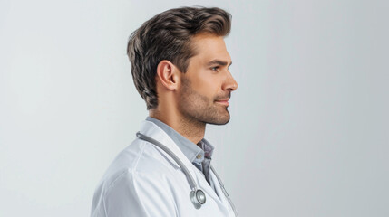 Fototapeta premium Photo-realistic side view of a caring doctor against a solid white background.