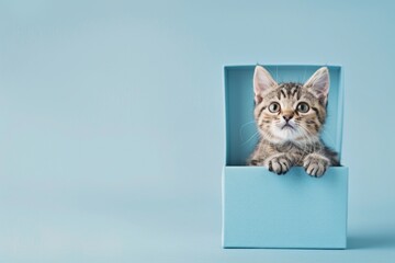 Kitten climbs out of a gift box, light blue background with copy space