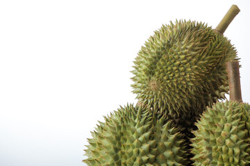 Close-up Photography Ripe durian, both pods and stalks, on isolated white background.
