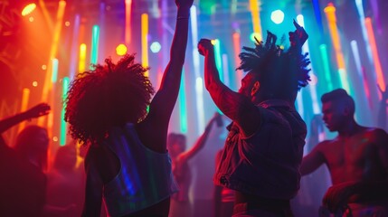 LGBTQ+ friends dancing at a vibrant club, celebrating their freedom