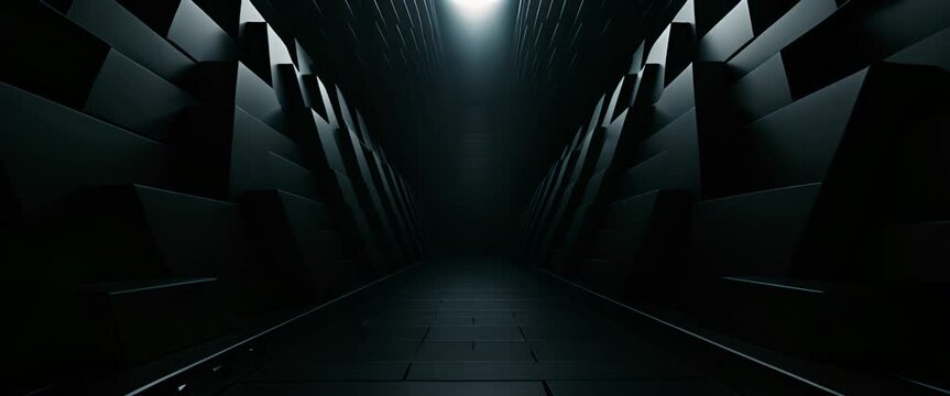 Abstract 3D geometric tunnel in minimalist dark style,