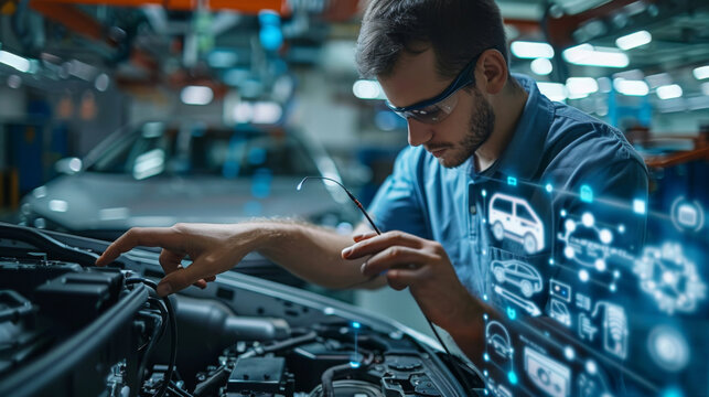 Mechanic performing a software update on an EV car's control unit
