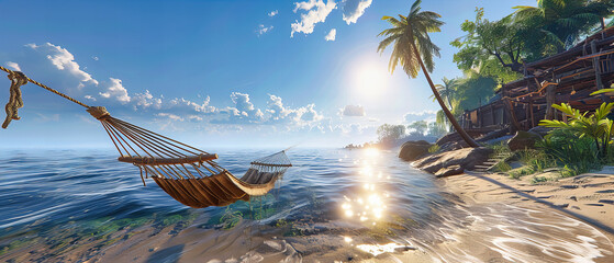 Tranquil Beach Scene at Sunset with Palm Silhouettes and Turquoise Waters, Perfect Tropical Retreat