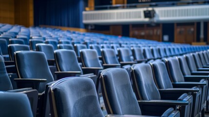 Neatly arranged rows of seats and an empty stage in a school auditorium, close-up view, ready for upcoming assemblies and performances, clean and orderly